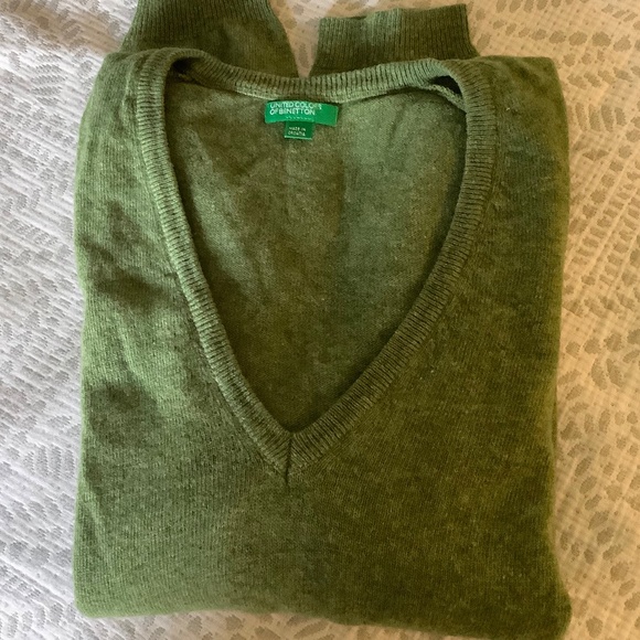 Green Wool Benetton V-neck Sweater M - Picture 3 of 5